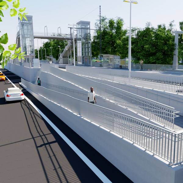 Die Visualisierung eines Bahnhaltepunktes, im Vordergrund eine Rampe, im Hintergrund zwei Aufzüge.
