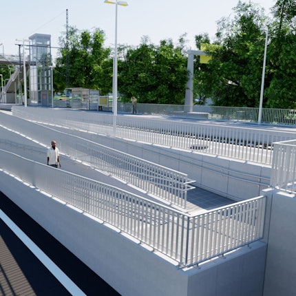 Die Visualisierung eines Bahnhaltepunktes, im Vordergrund eine Rampe, im Hintergrund zwei Aufzüge.