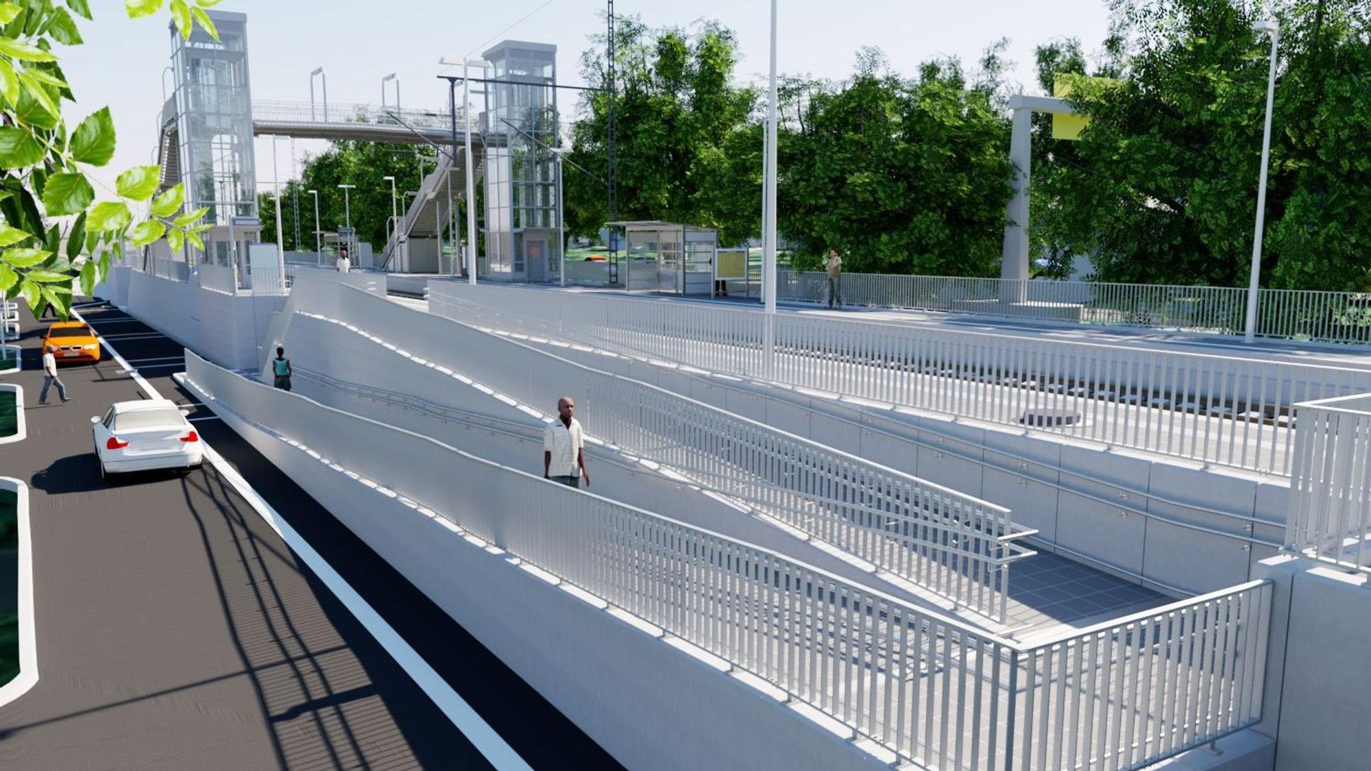 Die Visualisierung eines Bahnhaltepunktes, im Vordergrund eine Rampe, im Hintergrund zwei Aufzüge.