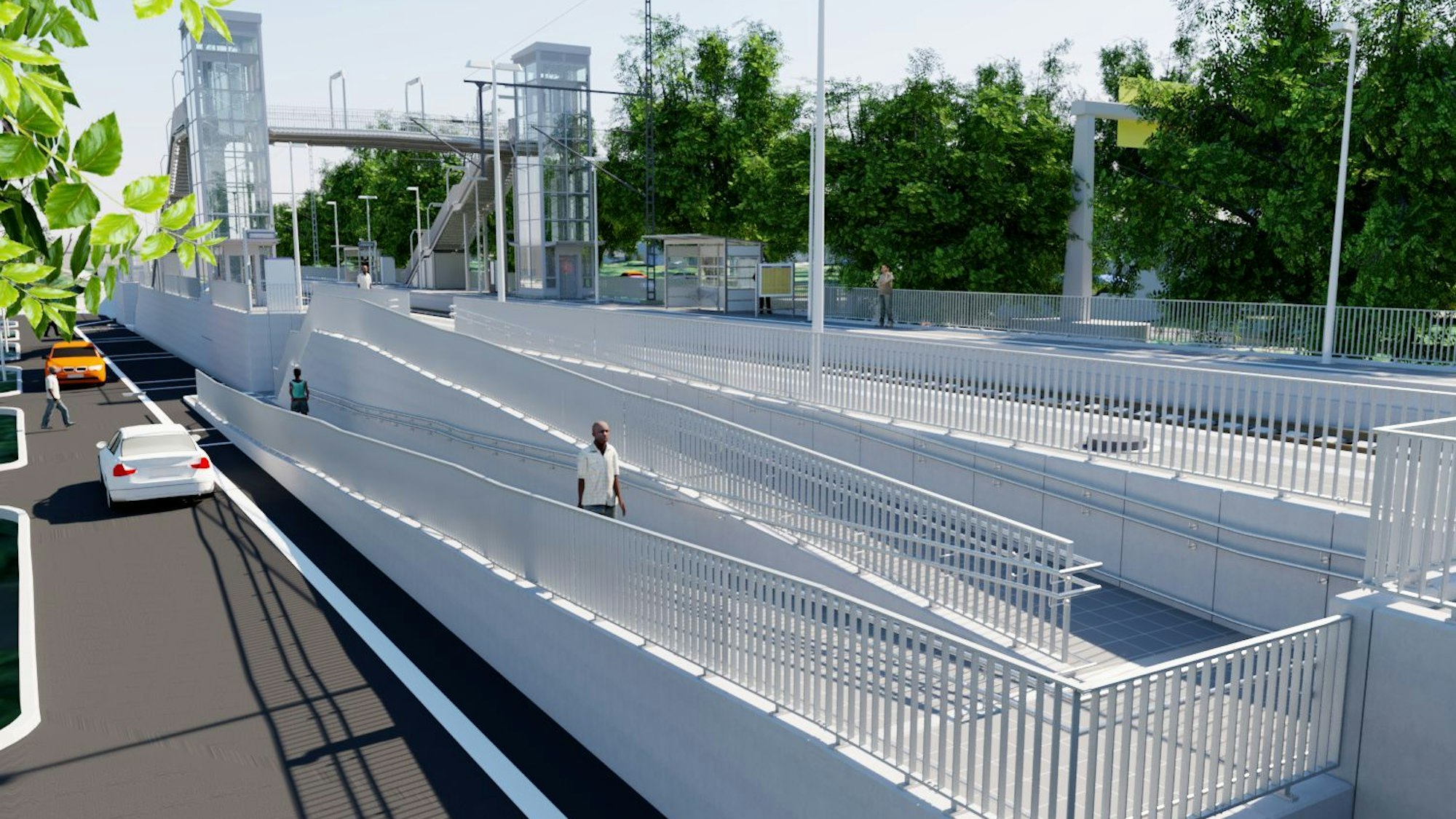 Die Visualisierung eines Bahnhaltepunktes, im Vordergrund eine Rampe, im Hintergrund zwei Aufzüge.