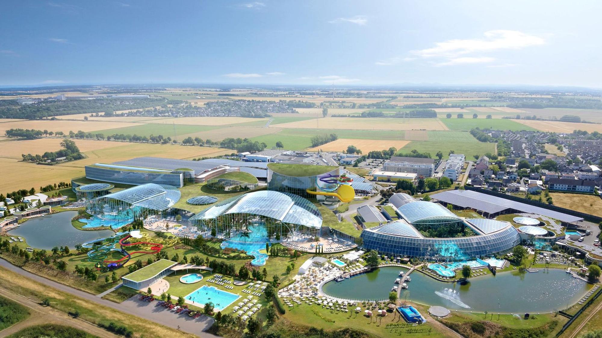 Die Visualisierung zeigt einen vorläufigen Planungsstand der Therme Euskirchen und dient der Illustration.