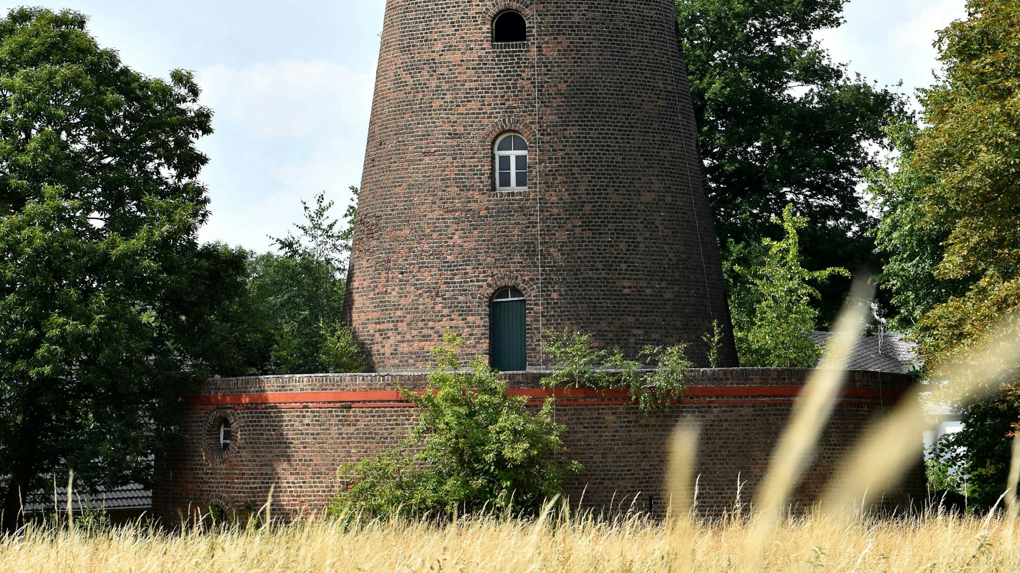 Eine Mühle steht hinter einem Getreidefeld.