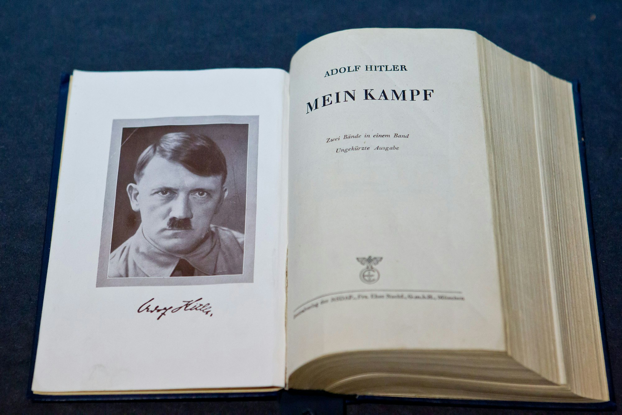 ARCHIV - Eine historische Ausgabe von Hitlers «Mein Kampf» ist am 18.06.2012 im Dokumentationszentrum Reichsparteitagsgelände in Nürnberg (Bayern) ausgestellt. Am 25.01.2012 untersagt das Landgericht München dem englischen Verleger Peter McGee die Herstellung und Verbreitung kommentierter Auszüge aus Hitlers «Mein Kampf». Foto: Daniel Karmann/dpa +++ dpa-Bildfunk +++