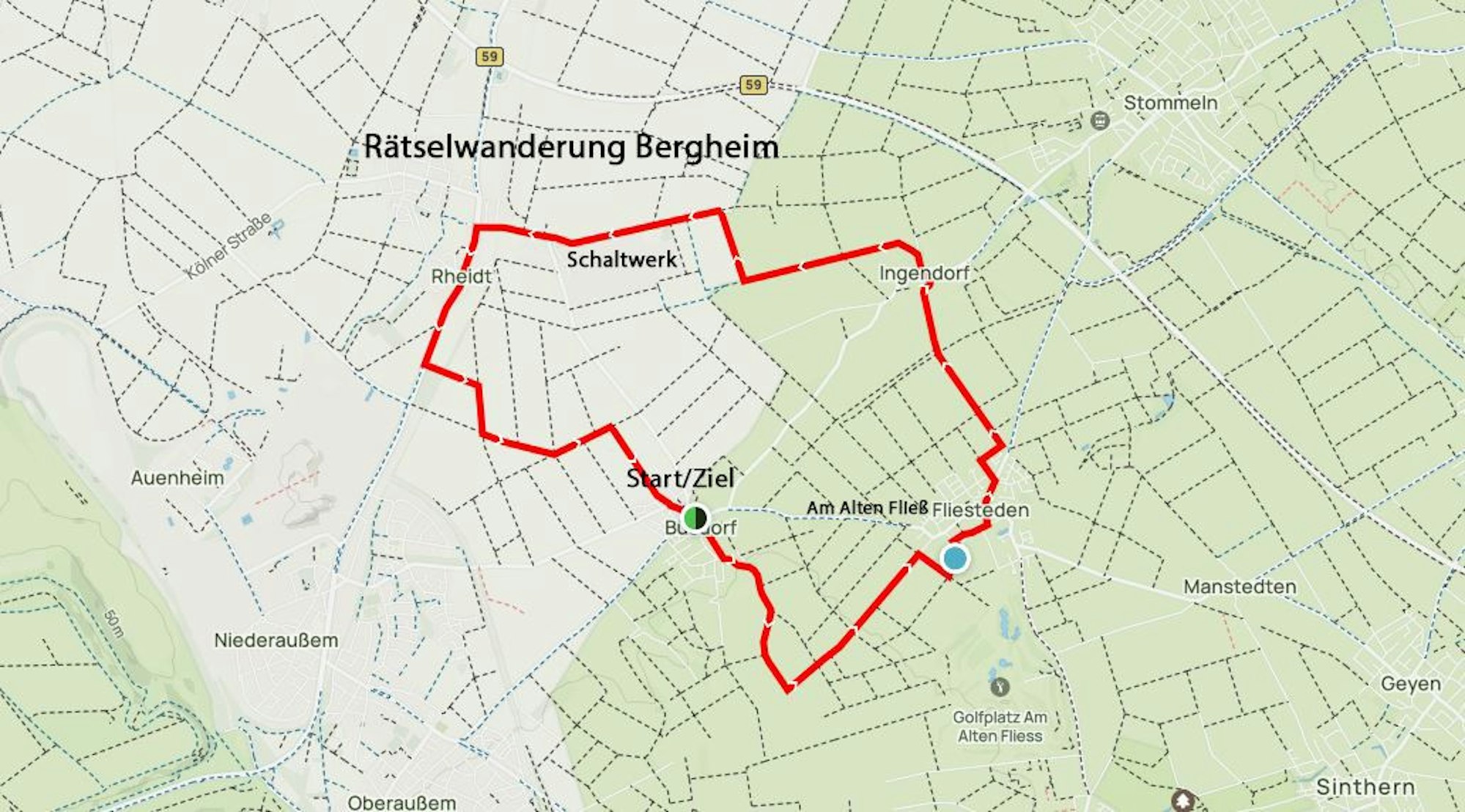 Zu sehen ist eine Grafik der Route zur Rätselwanderung in Bergheim.