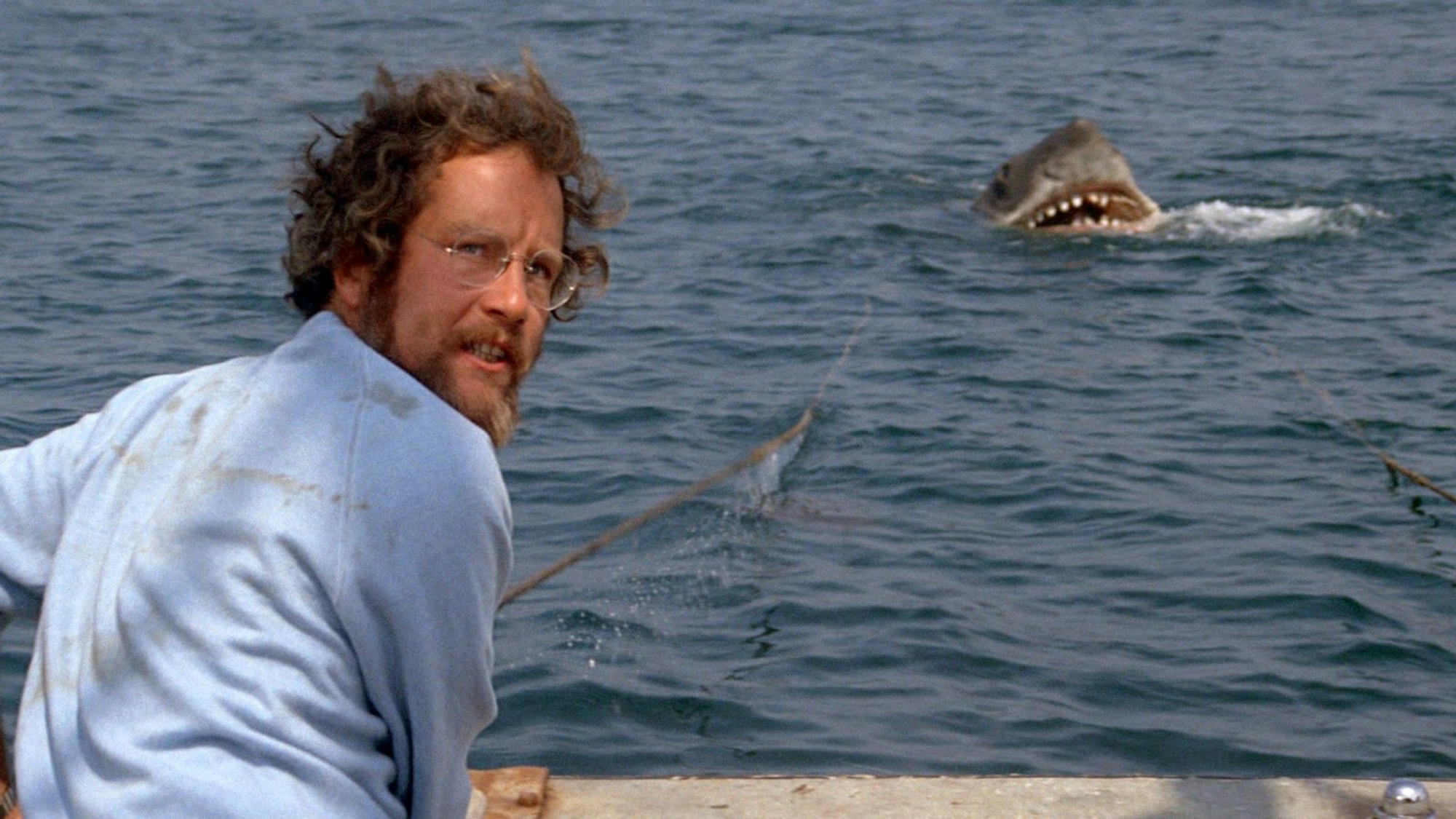In „Der weiße Hai“ versucht der Meeresbiologe Hooper (Richard Dreyfuss) (Bild) zusammen mit Polizeichef Brody (Roy Schneider) und dem Haijäger Quint (Robert Shaw), den Weißen Hai zu töten. (Bild: Universal)