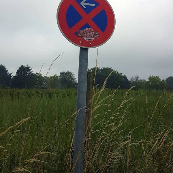 Ein mit Aufklebern zugeklebtes Halteverbotsschild in Leichlingen