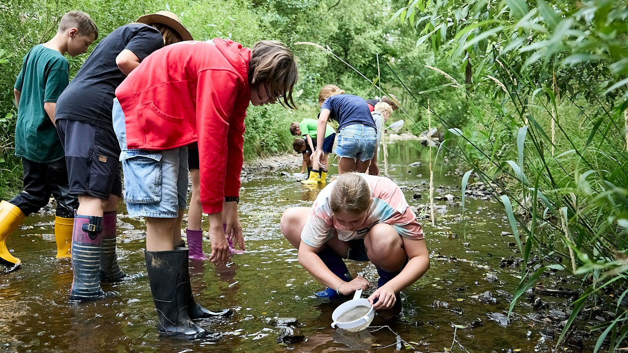 Jugendliche, die Gummistiefel tragen, untersuchen einen Bach.
