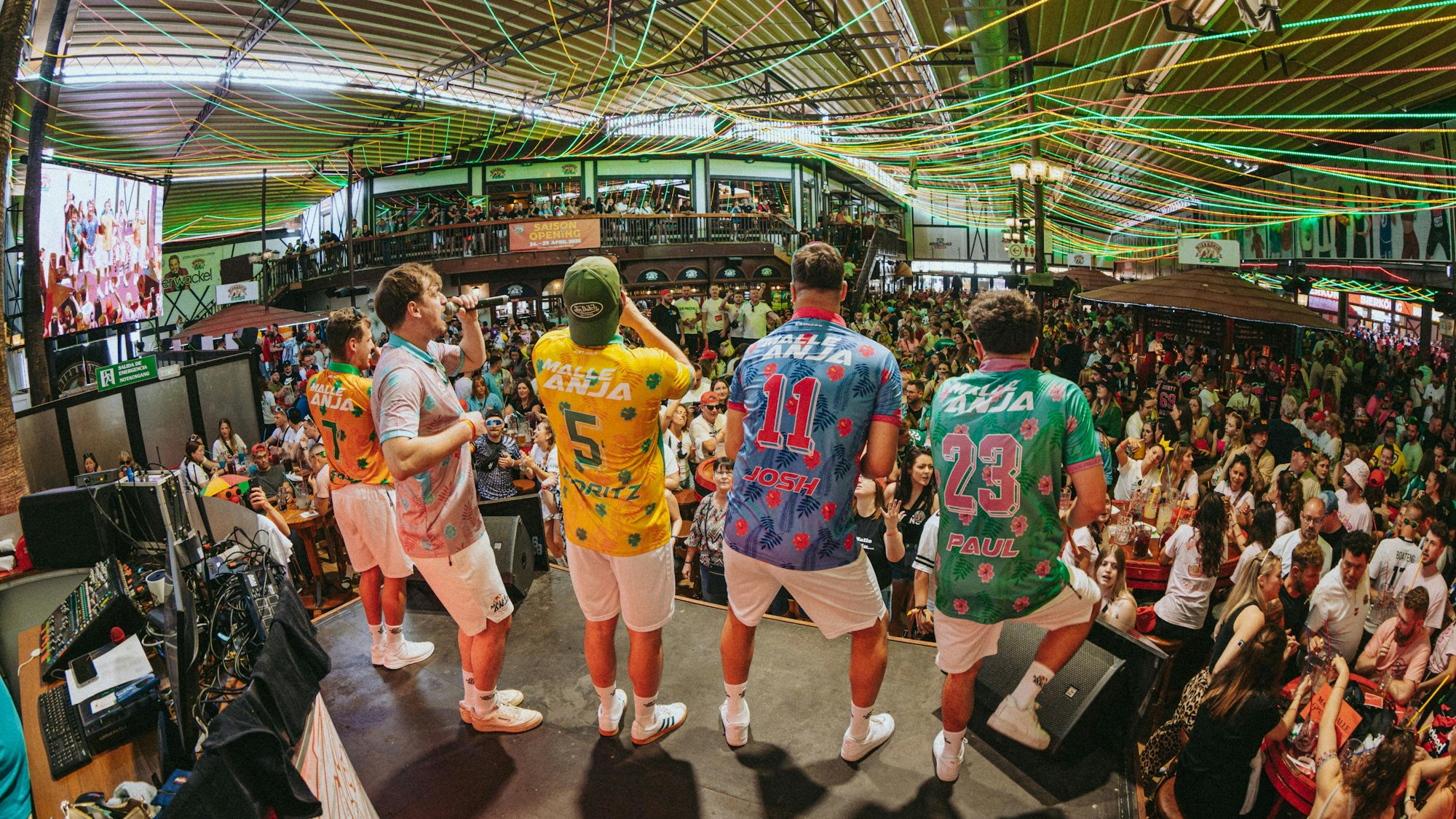 Fünf junge Männer in Hawaii-Hemden stehen auf einer Bühne, sie sind von hinten zu sehen, der Veranstaltungsraum ist voll, das Publikum geht begeistert mit.