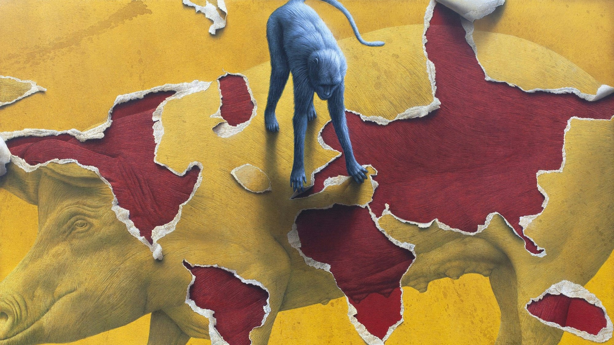 Ein blauer Affe zerfetzt ein Papierschwein.