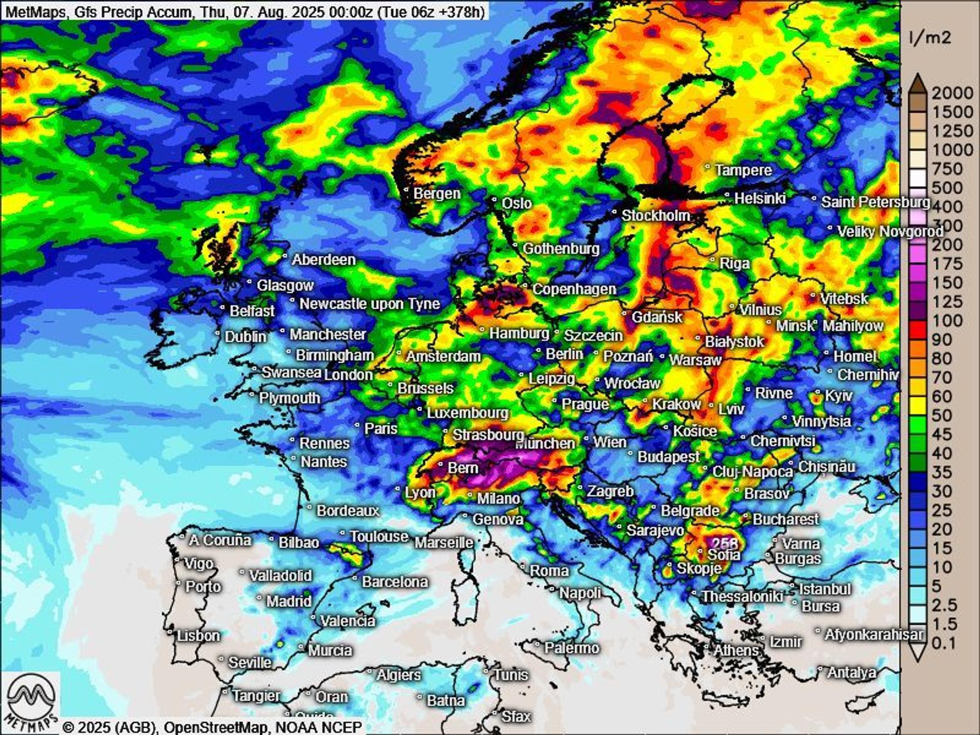 Die Niederschlagskarte zeigt die akkumulierten Regenmengen in Europa bis zum 7. August nach dem US-amerikanischen GFS-Prognosemodell.