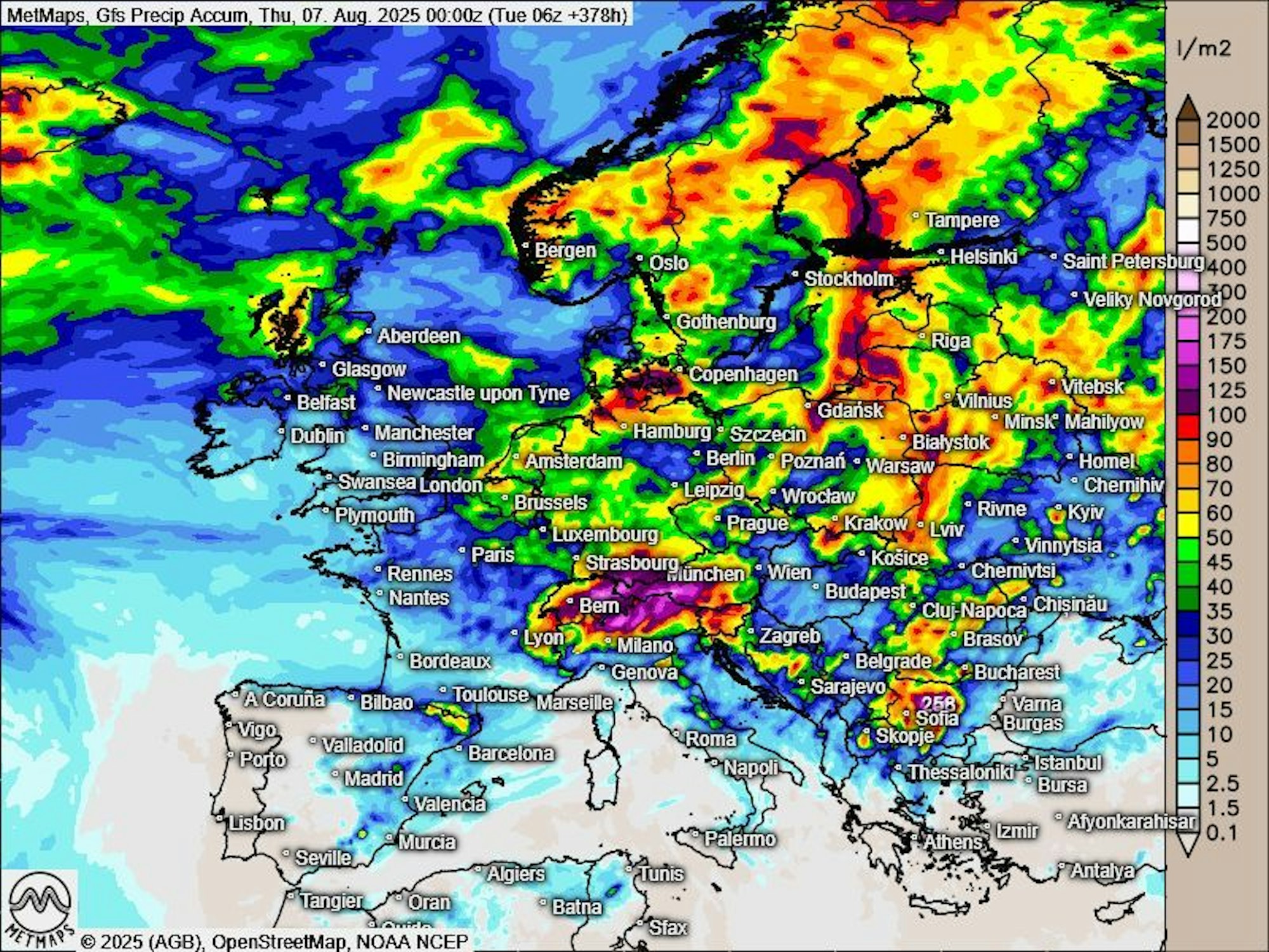 Die Niederschlagskarte zeigt die akkumulierten Regenmengen in Europa bis zum 7. August nach dem US-amerikanischen GFS-Prognosemodell.
