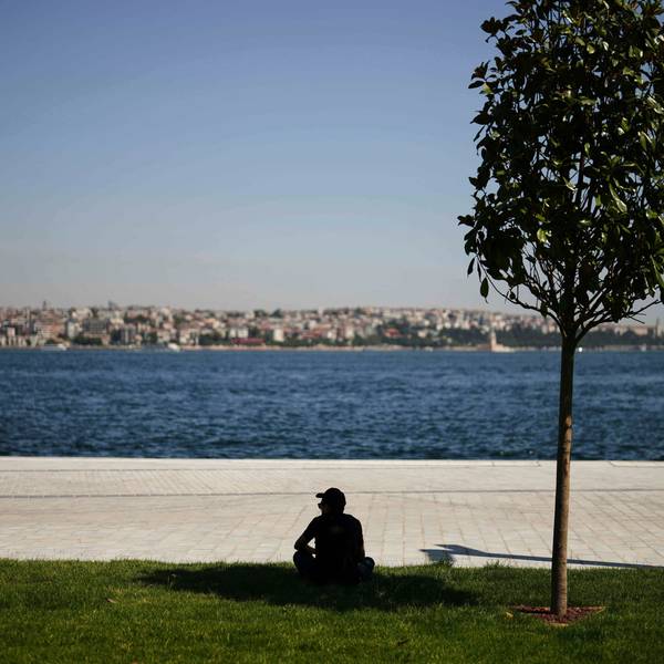 Ein Mann sucht an einem heißen Sommertag in Istanbul Schutz unter einem Baum.