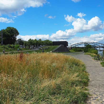 Rheinufer mit Blick auf Südbrücke und Kranhäuser.