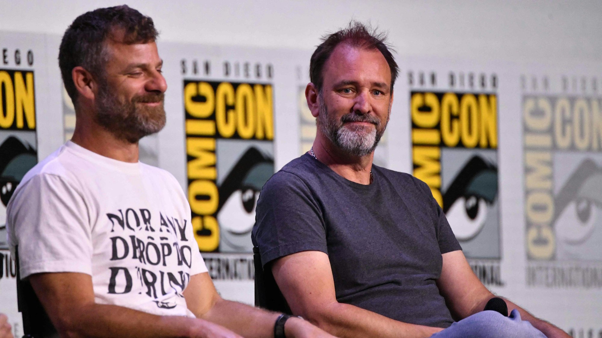 US animators Matt Stone (L) and Trey Parker attend the Comedy Central Adult Animation: "South Park", "Beavis & Butt-Head", and "Digman" panel in Hall H of the convention center during Comic Con International in San Diego, California on July 24, 2025. (Photo by Chris DELMAS / AFP)