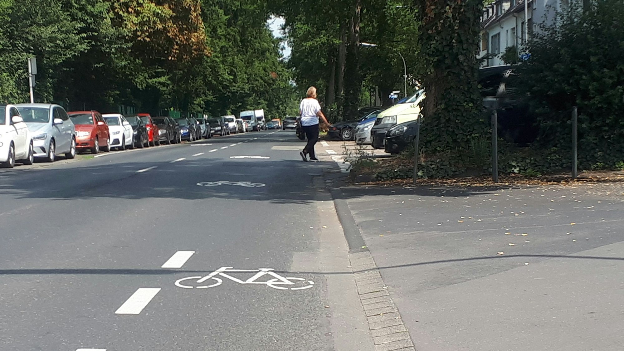 Fahrrad-Piktogramme erinnern auf der Niehler Straße auf Höhe der Rennbahn daran, dass auch der Radverkehr die Fahrbahn nutzen kann