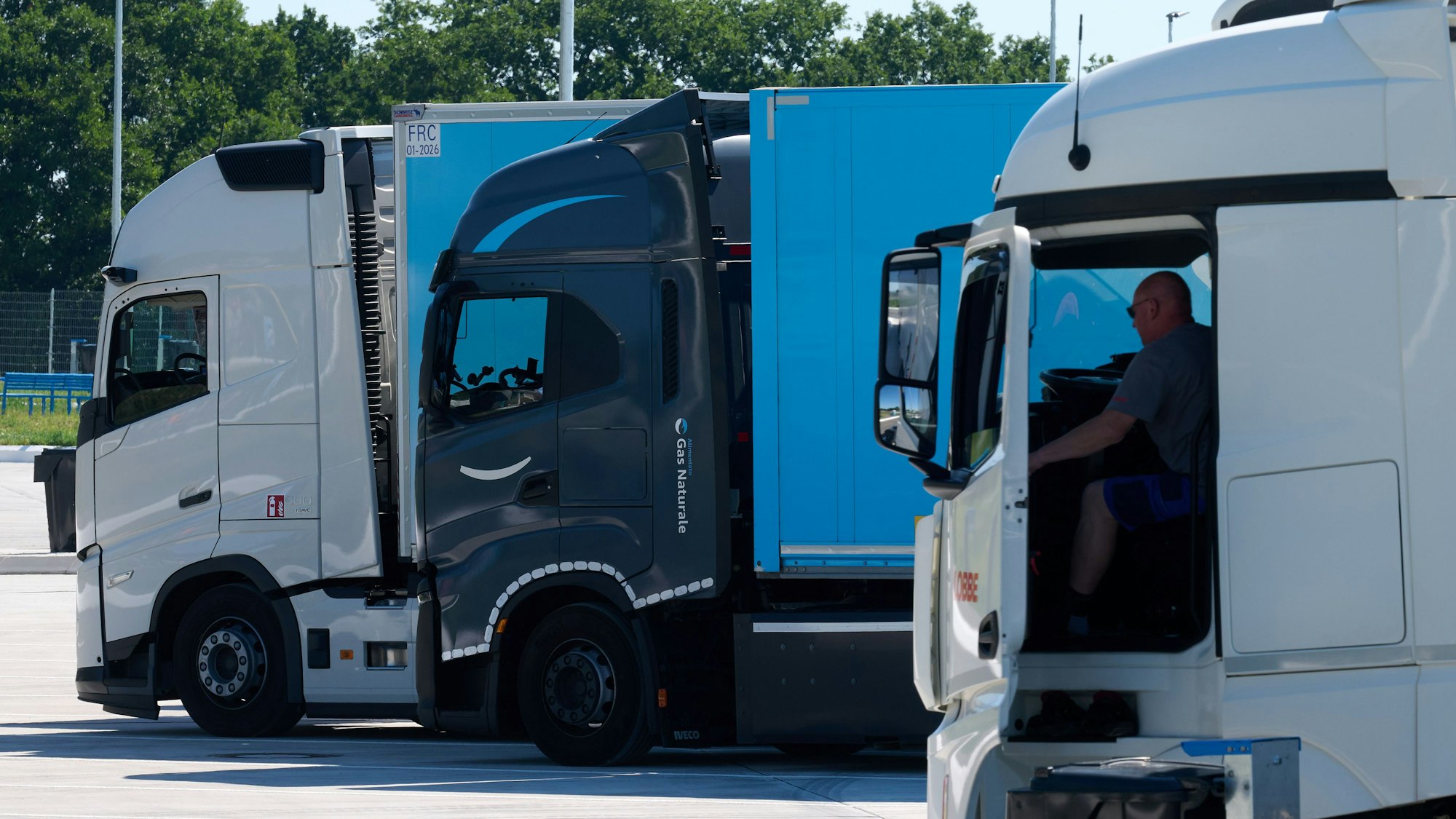 Auf dem Bild sind geparkte Lkw zu sehen.