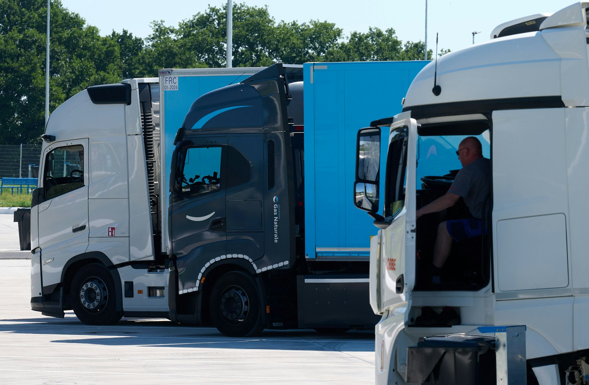 Auf dem Bild sind geparkte Lkw zu sehen.