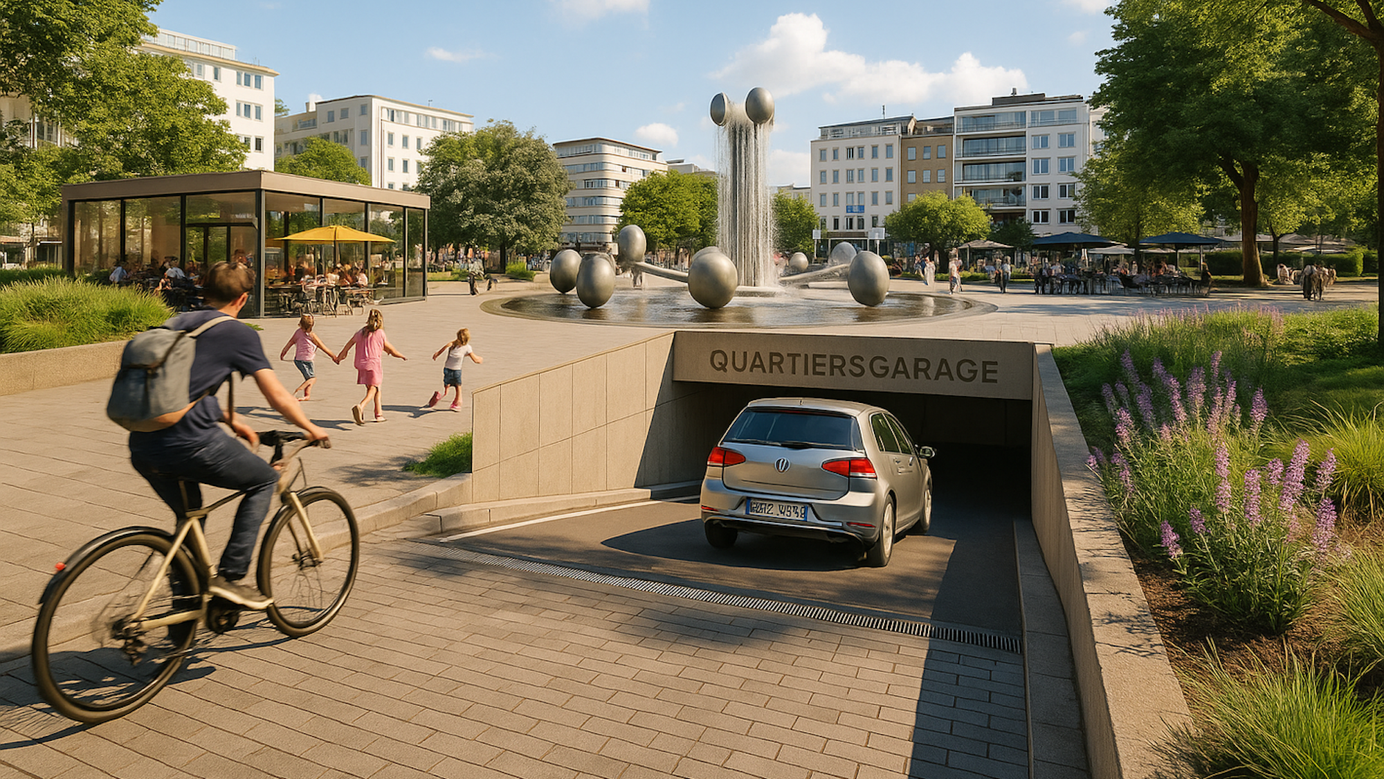 Der Wunschtraum der FDP: Ein Auto fährt in die seit fast 30 Jahren geplante Quartiersgarage am Ebertplatz. Visualisierung: FDP