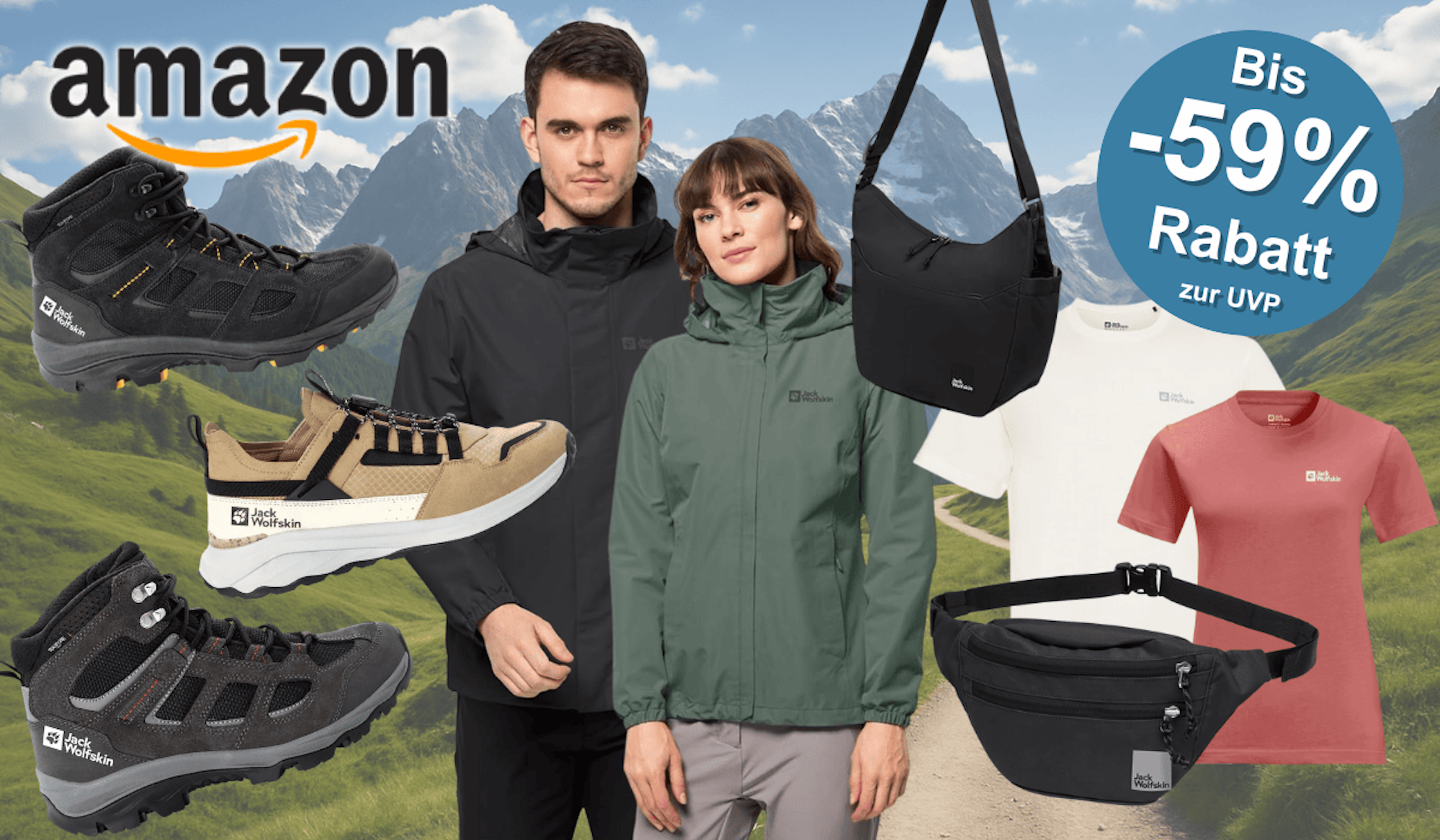 Darstellung verschiedener Jack Wolfskin Artikel wie Wanderschuhe, Regenjacken, Bauchtaschen und T-Shirts vor einem Hintergrund, der Berge und einen Wanderweg zeigt.