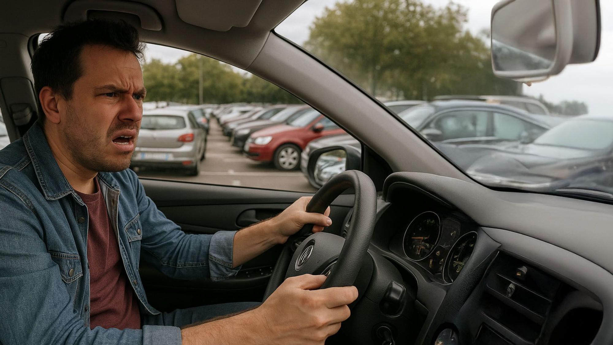 Ein Mann sitzt frustriert in seinem Auto, im Hintergrund sind parkende Autos zu sehen.