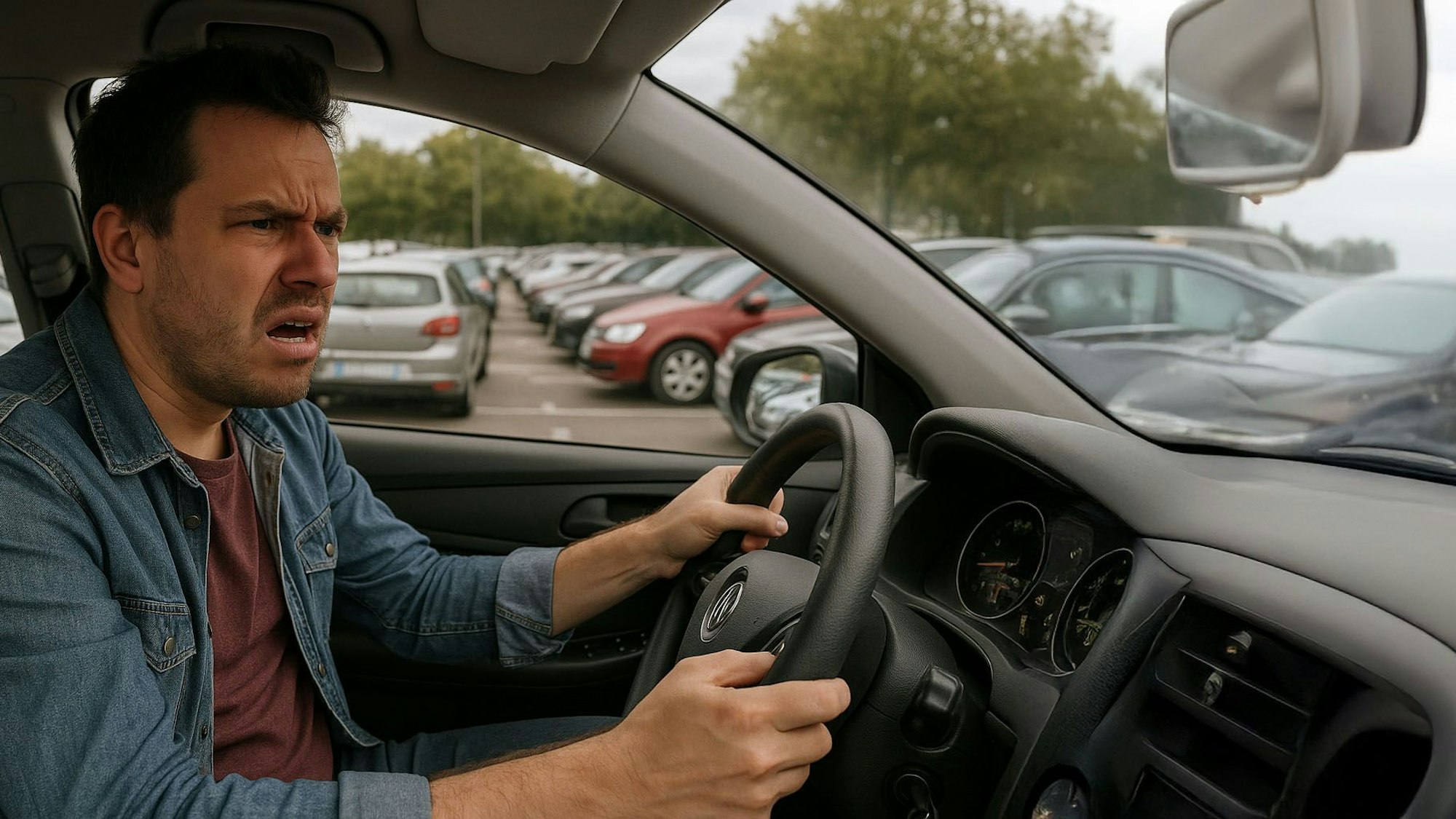 Ein Mann sitzt frustriert in seinem Auto, im Hintergrund sind parkende Autos zu sehen.