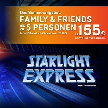 Ein STARLIGHT EXPRESS Darsteller in einem roten Rollschuhkostüm, der in Bewegung über die Bühne gleitet. Rechts daneben prangt das offizielle Logo des Musicals.