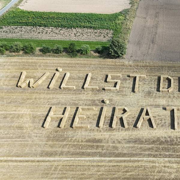 Aus 178 Strohballen wurde der Heiratsantrag auf dem Feld gebaut.