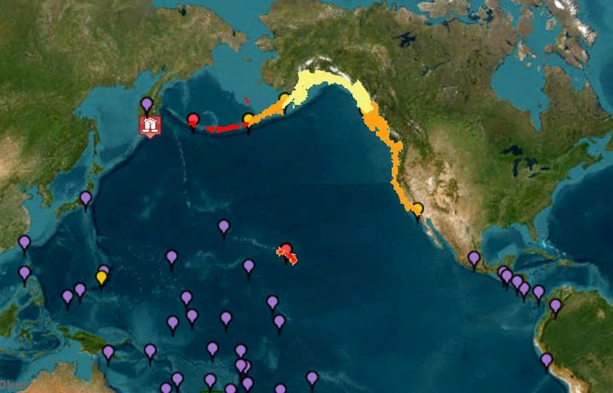 Die Karte des Tsunami-Warnsystems der US-Behörde NOAA zeigt Warnungen (rot), Hinweise (orange), Beobachtungen (gelb) und Bedrohungsgebiete (lila) nach dem schweren Erdbeben vor der russischen Halbinsel Kamtschatka.