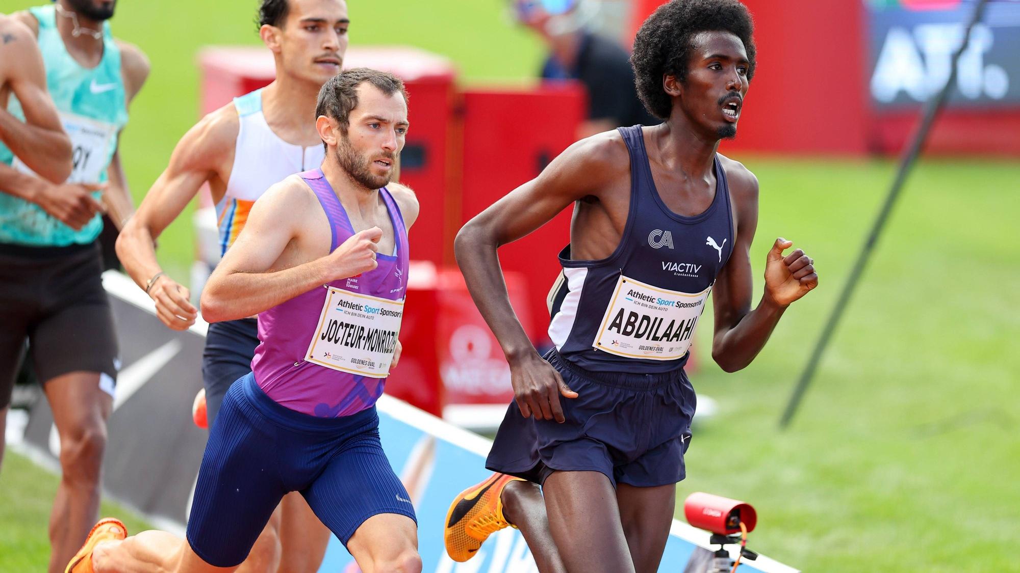 Goldenes Oval 2025 am 01.06.2025 im Heinz-Steyer-Stadion, Dresden. 1500m Männer, Pierrik Jocteur-Monrozier FRA, Mohamed Abdilaahi GER Dresden Heinz-Steyer-Stadion Sachsen Deutschland *** Golden Oval 2025 on 01 06 2025 at Heinz Steyer Stadium, Dresden 1500m Men, Pierrik Jocteur Monrozier FRA , Mohamed Abdilaahi GER Dresden Heinz Steyer Stadium Saxony Germany