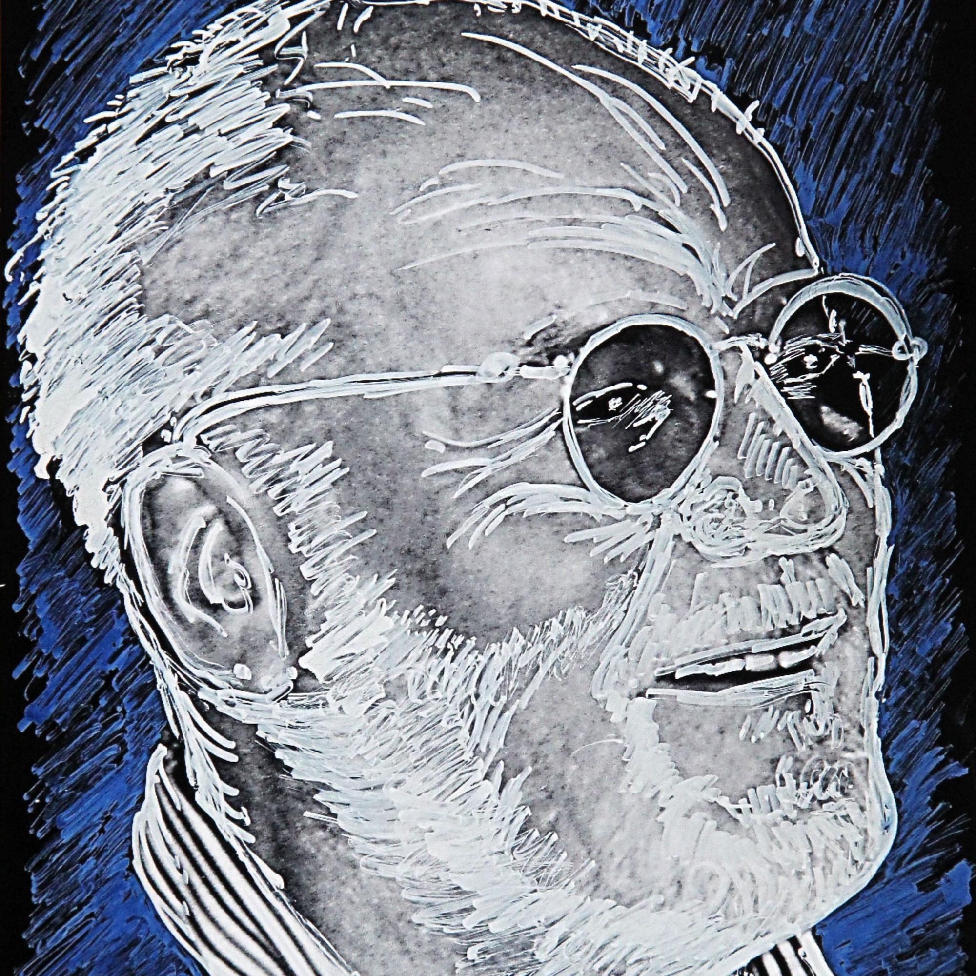 Mit Acryl-Farbe bearbeitete Wolf-Rüdiger Weisbach dieses Porträt von Hanns Dieter Hüsch.
