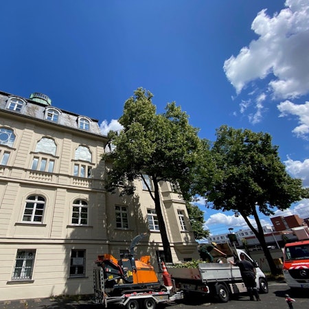 Zu sehen ist ein weißes Gebäude vor blauem Himmel.