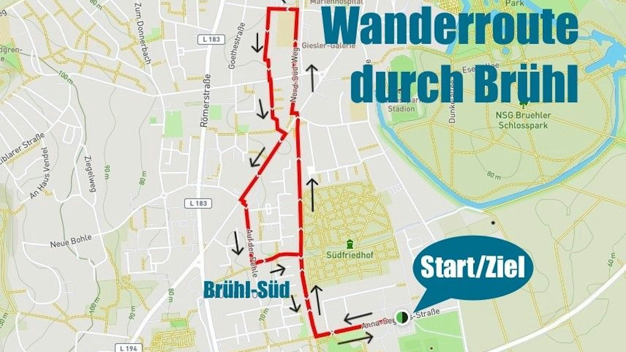 Zu sehen ist die Grafik einer Wanderung durch Brühl.