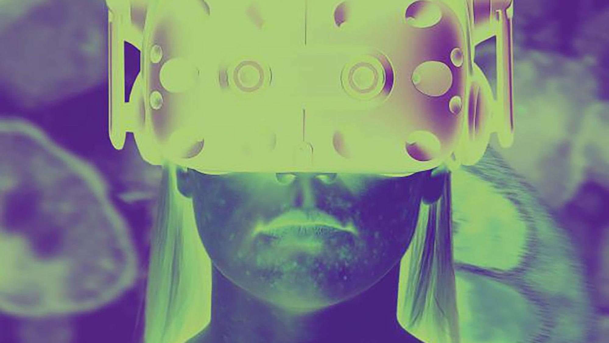 Eine Darstellung illustriert, wie eine Versuchsperson durch eine Virtual Reality-Brille Avatare sieht, die teils sichtbare Anzeichen von Infektionen zeigen.