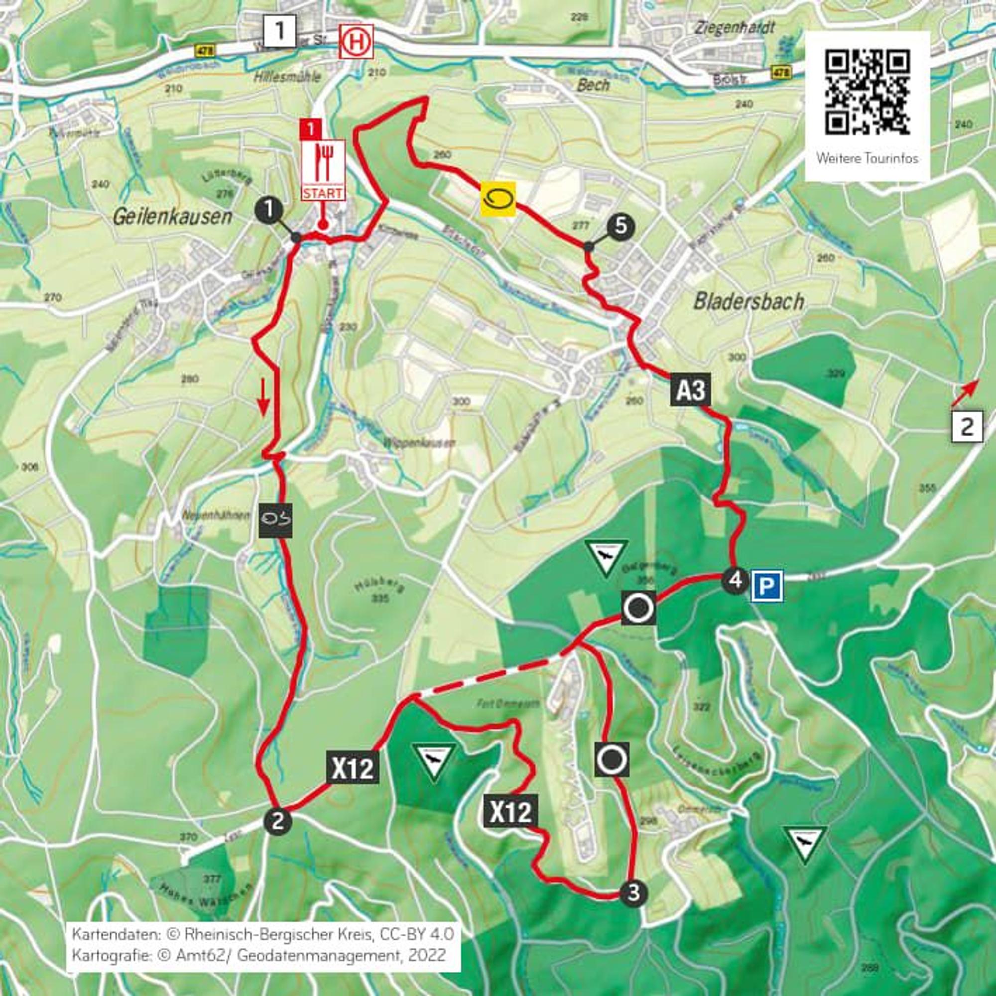 Eine Karte mit einer rot eingezeichneten Wanderroute.
