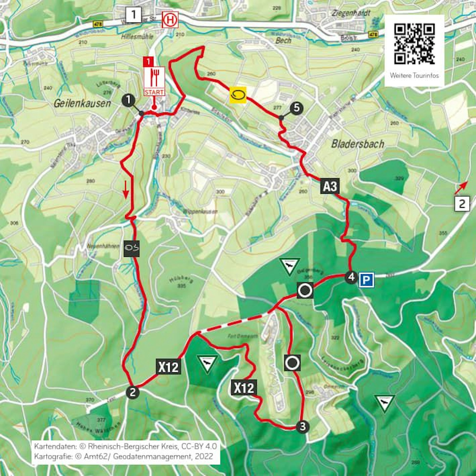 Eine Karte mit einer rot eingezeichneten Wanderroute.