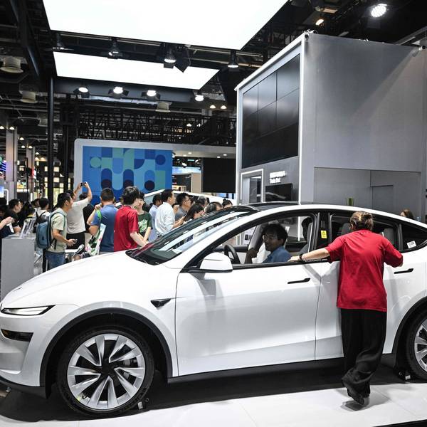 People visit a Tesla stand during the World Artificial Intelligence Conference (WAIC) at the Shanghai World Expo and Convention Center in Shanghai on July 28, 2025. (Photo by Hector RETAMAL / AFP)