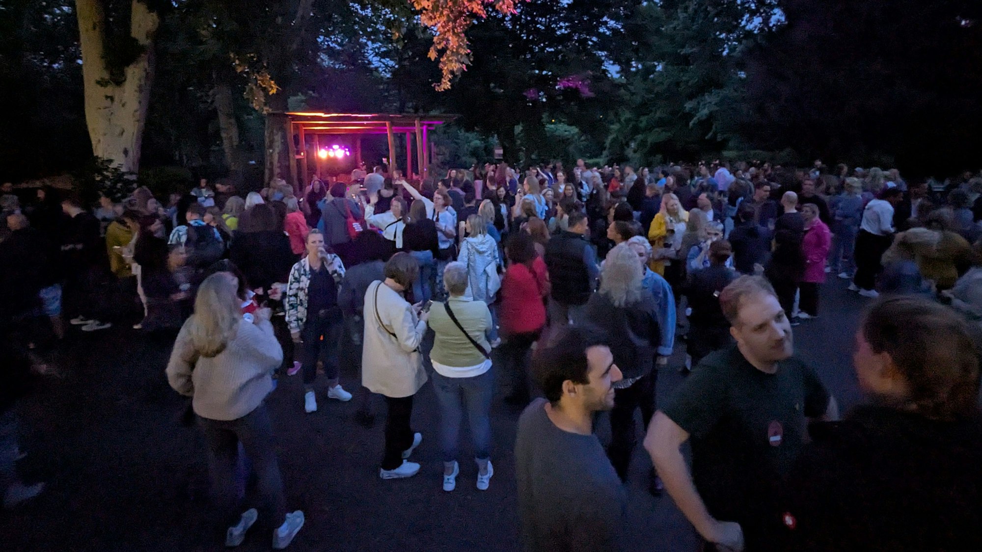 Menschen stehen auf einer Fläche vor einem DJ-Pult