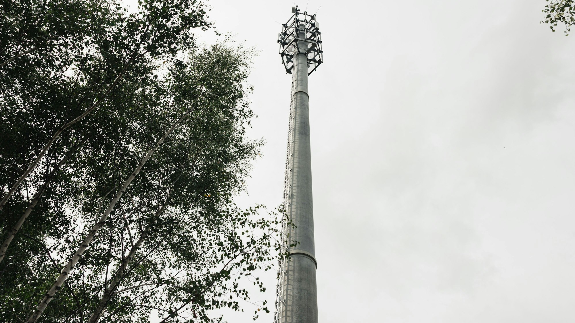 Ein Mobilfunkmast ragt in den Himmel.