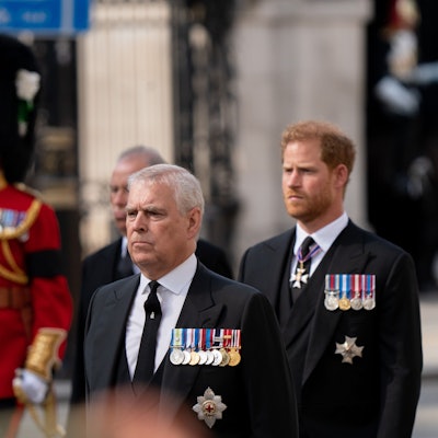 Prinz Andrew und Prinz Harry bei der Trauerprozession für Königin Elizabeth II. am 14. September 2022 in London – beide in zivil, aber mit Orden dekoriert.
