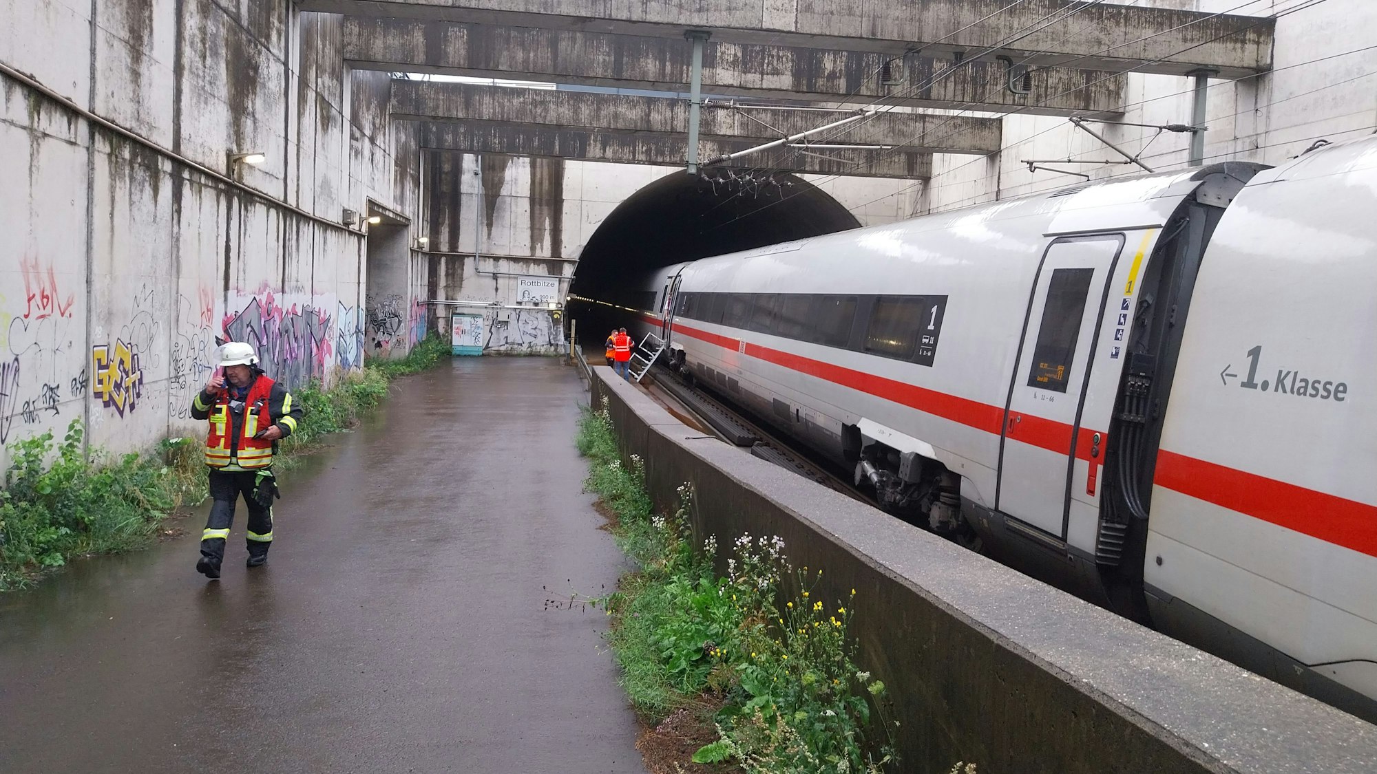 In Höhe des Rottbitzer Tunnels in Bad Honnef musste ein ICE halten. Es hatte einen Unfall mit einem Reh gegeben.