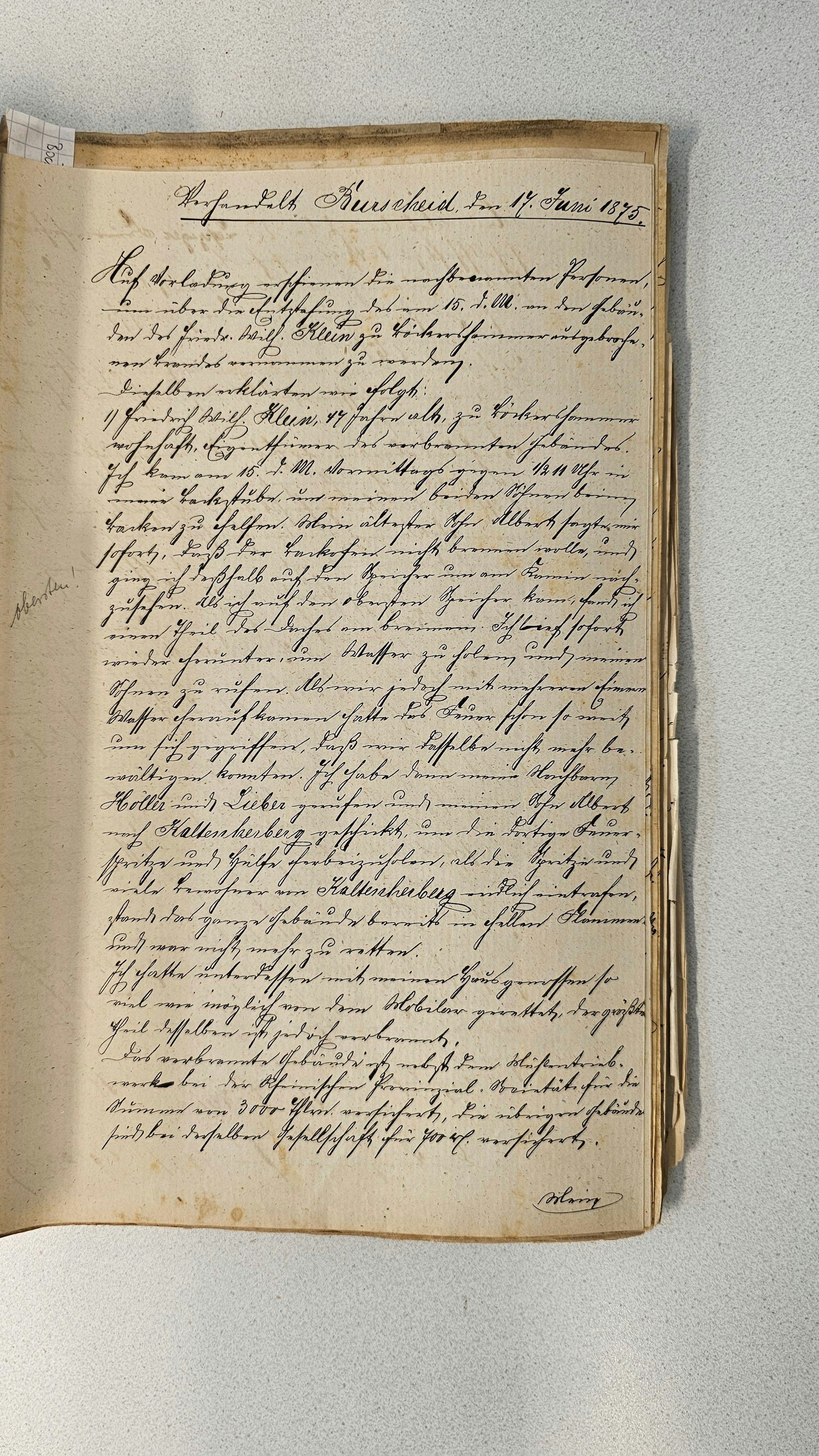 Original-Protokoll zum Brand am 15. Juni 1875 im Bökershammer, protokolliert am 17. Juni.