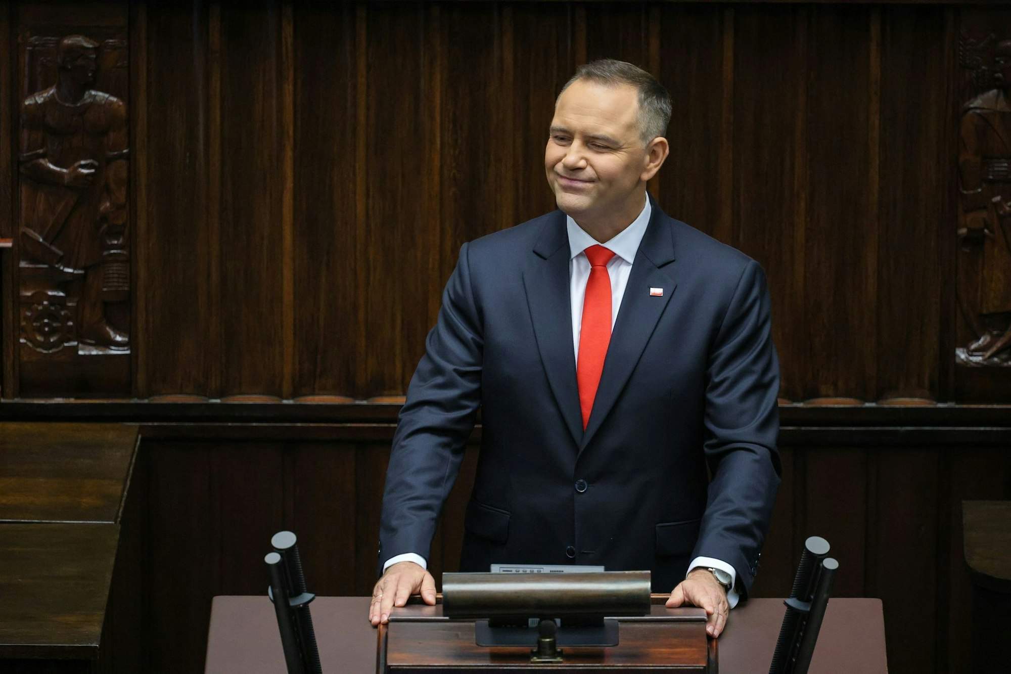 Polens neuer Präsident Karol Nawrocki während seiner Antrittsrede. (Foto aktuell)