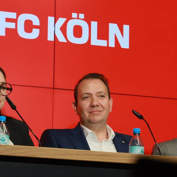 1. FC Köln, Pressekonferenz, der Mitgliederrat mit dem Vorsitzenden Fabian Schwab (rechts) und seine Stellvertreterin Stacy Krott (links) stellen ihre Kandidaten für den im Herbst zu wählenden Vorstand vor: Jörn Stobbe als Präsident, Prof. Dr. Ulf Sobek und Dr. Jörg Alvermann als Vizepräsidenten, 11.06.2025, Bild: Herbert Bucco