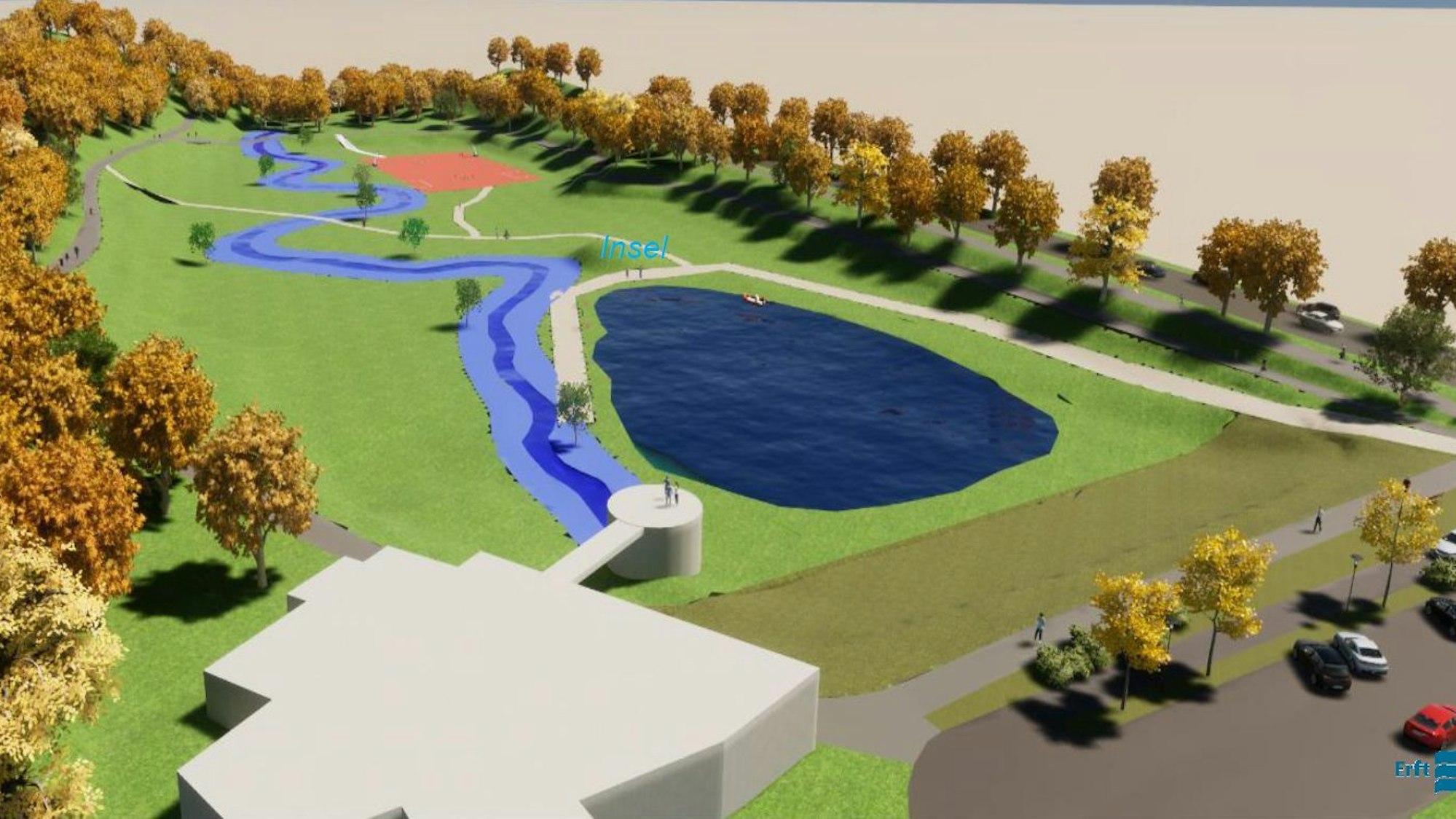 Eine Visualisierung zeigt, wie der Mühlensee in Zukunft aussieht und wie sich der Bleibach separat durch den Mühlenpark schlängelt.