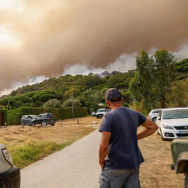 05.08.2025, Spanien, Cádiz: Aus dem Wald bei La Peña steigt Rauch auf. Die Gäste des Campingplatzes Torre de la Peña in Tarifa wurden wegen des Brandes evakuiert. Das Feuer soll durch ein brennendes Wohnmobil ausgelöst worden sein. Foto: Nono Rico/EUROPA PRESS/dpa +++ dpa-Bildfunk +++