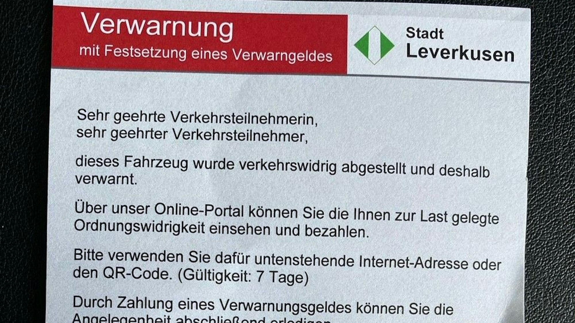 Verwarn-Zettel der Stadt Leverkusen