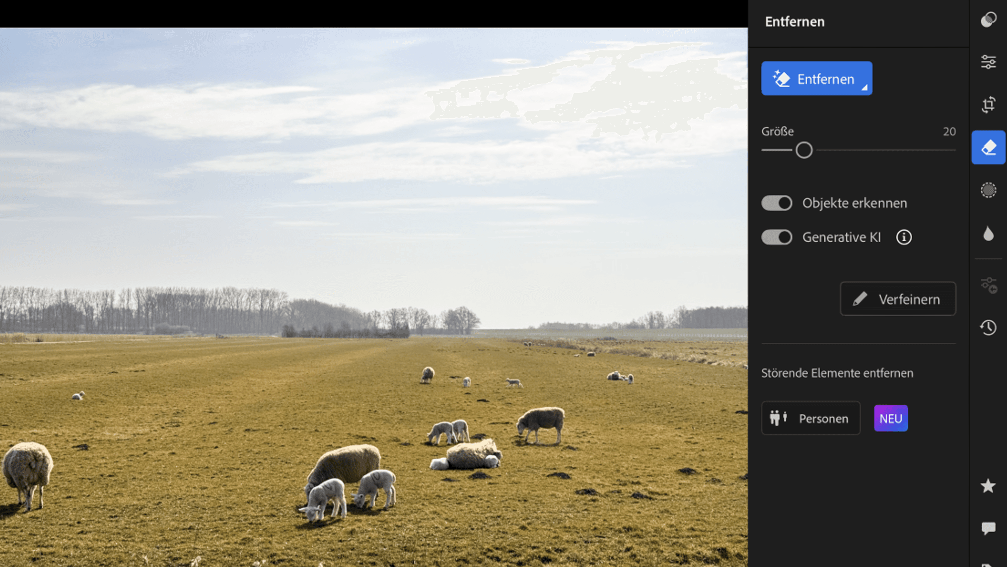 Im Bildbearbeitungsprogramm Lightroom wurde auf einem Bild mit Schafen eine Stromleitung im Hintergrund entfernt