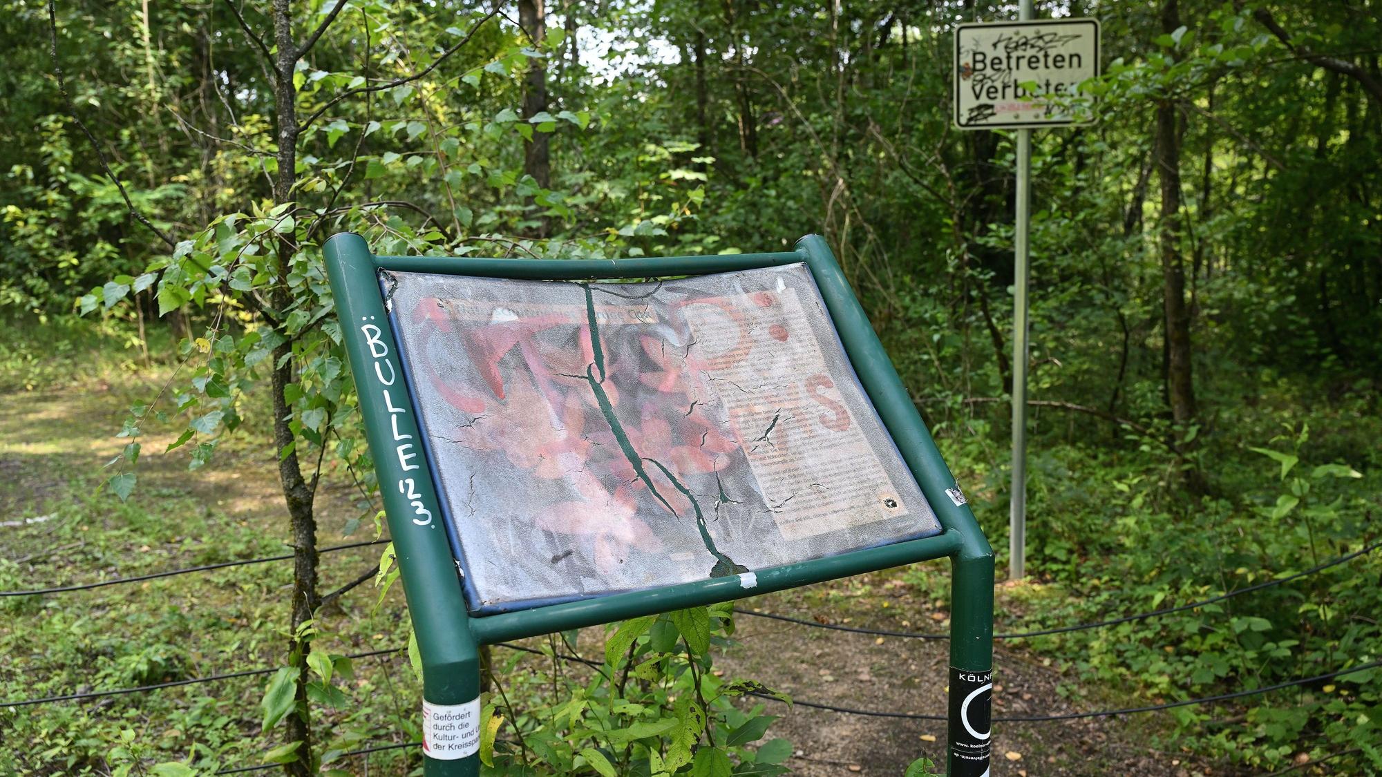 Vergammelte Infotafel im Naturschutzgebiet der Grube Cox.