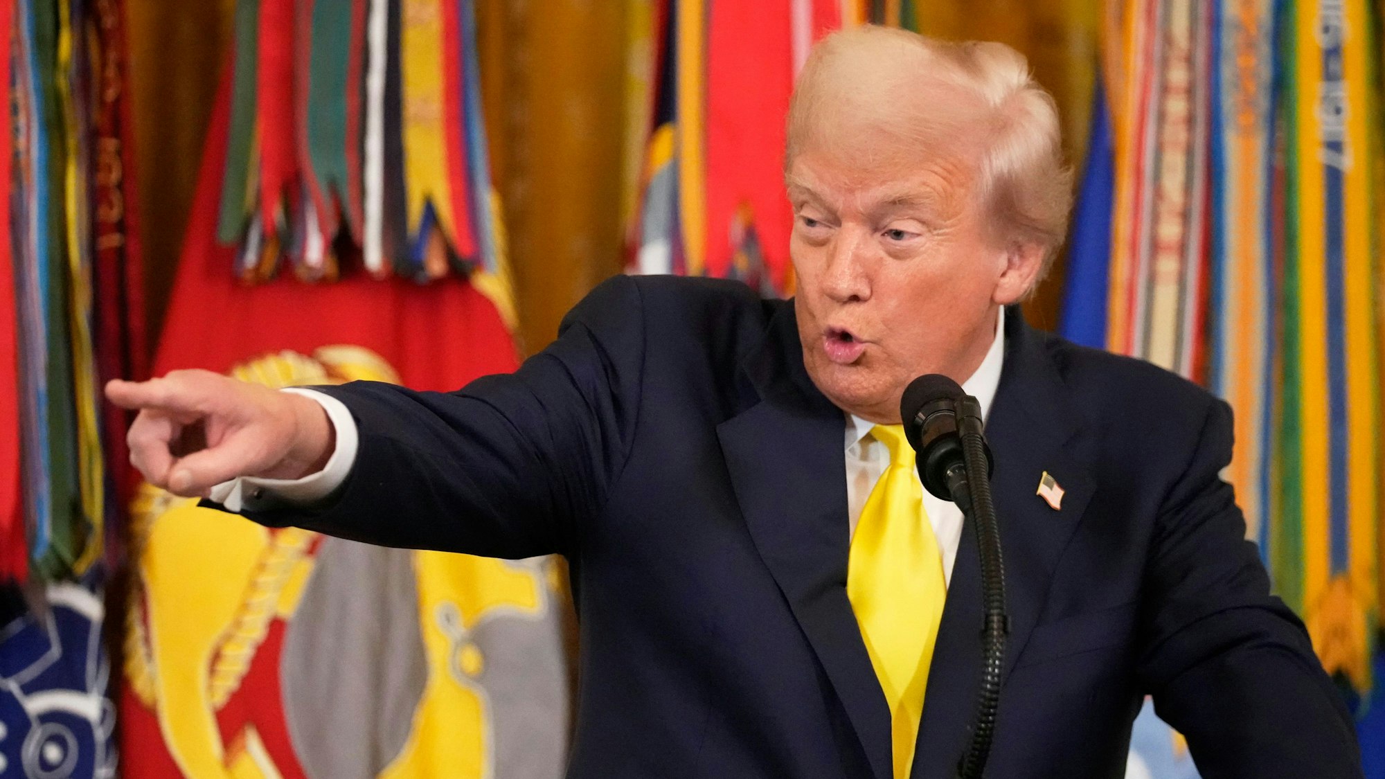 US-Präsident Donald Trump spricht bei einer Veranstaltung anlässlich des National Purple Heart Day im East Room des Weißen Hauses.