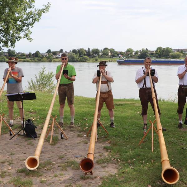 Das Bild zeigt fünf Männer, die Alphorn spielen und am Rheinufer stehen